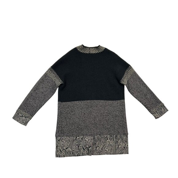 Chicos Cardigan Sweater Duster Womens Medium Black Beige Paisley Trim - Picture 2 of 7